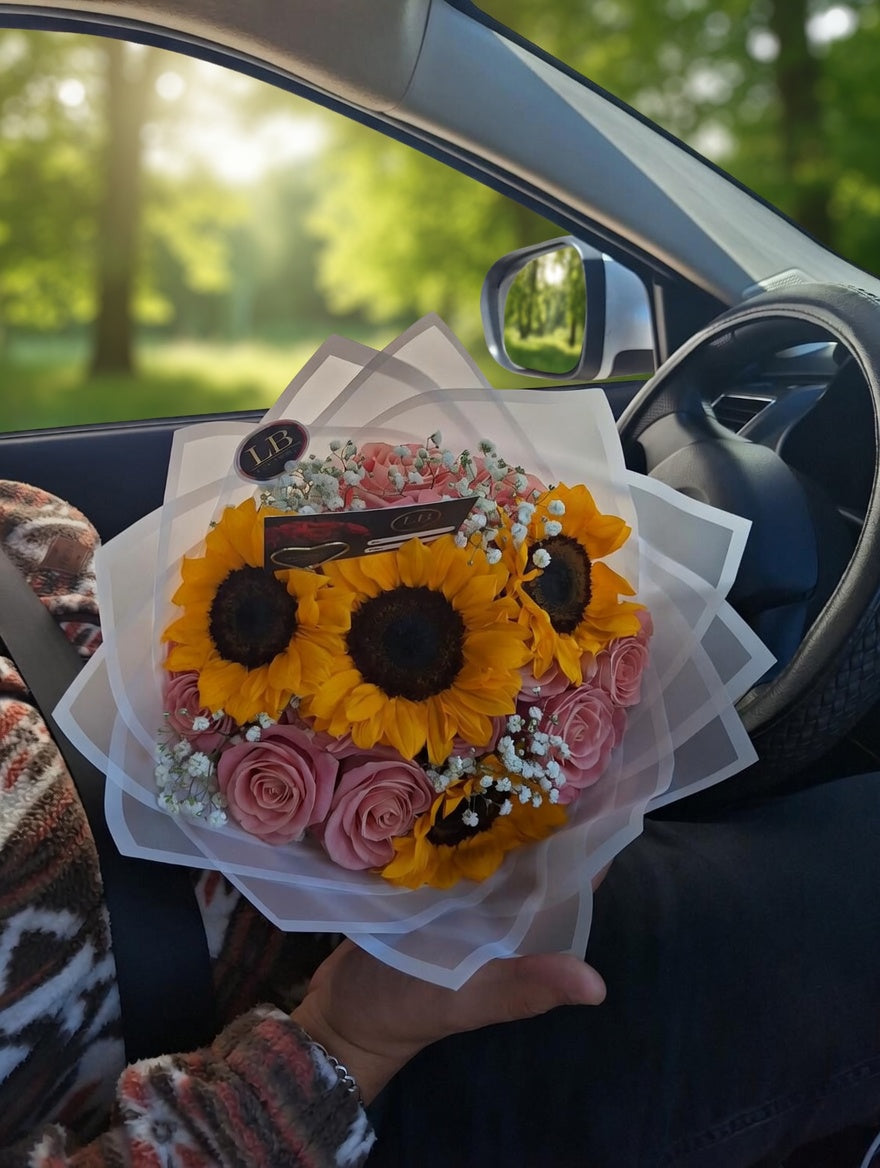 Ramo Girasoles & Rosas Rosadas – Dulzura que ilumina